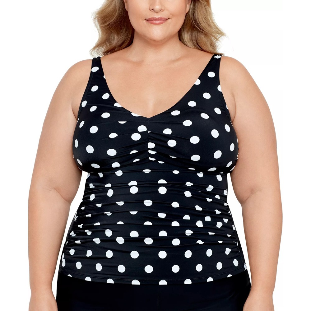Swim Solutions Womens Plus Size 18 Tummy Control Polka Dot Tankini Top Black 631
